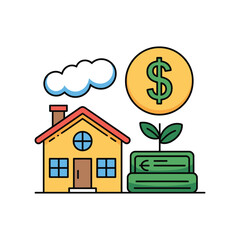 A house, a stack of money, and a dollar coin represent financial planning and investment.