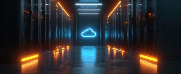 The Cloud Icon Illuminated in a Futuristic Data Center Aisle with Neon Reflections
