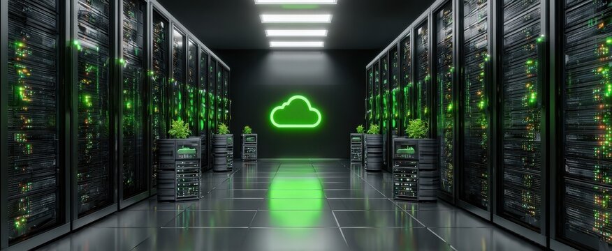 The Server Room With Green Cloud Icon And Rows Of Illuminated Racks