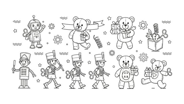 Whimsical Toy Collection: A delightful ensemble of vintage-inspired wind-up toys, robots and teddy bears and soldiers, set against a playful backdrop. These timeless playthings.