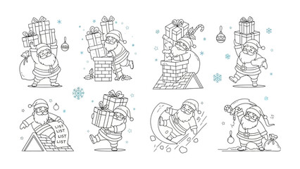 Joyful Christmas: A collection of charming cartoon scenes capturing the essence of Christmas, featuring Santa Claus and his gift-laden journey.