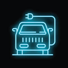 Neon sign depicting an electric car being charged with a cable and plug, symbolizing sustainable transportation