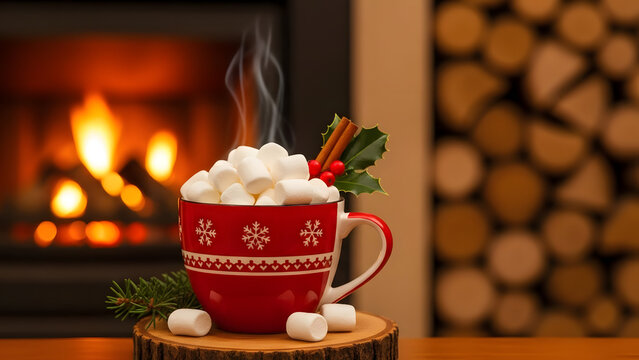 Hot cup of cocoa with marshmallows and cinnamon sticks near fireplace in winter