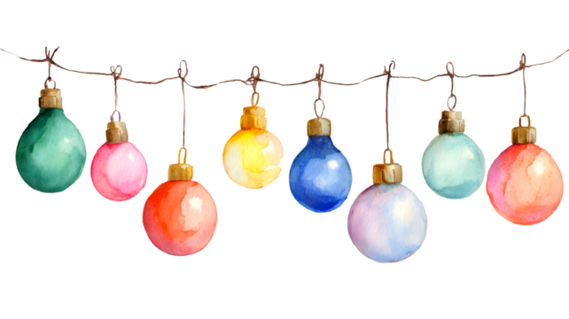 A string of colorful vintage christmas lights hanging isolated on transparent background