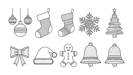 Christmas Festive Collection: Festive season sketch featuring ornaments, stockings, snowflake, christmas tree, bow, santa hat, gingerbread man, bell, capturing the joyous spirit of winter holidays.
