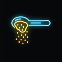 Neon spoon pouring sugar or spice icon on black background