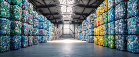 The Plastic Bales Stacked in a Bright Industrial Recycling Warehouse with Symmetrical Aisle