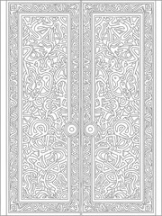 Intricate line art of ornate double doors with detailed geometric patterns