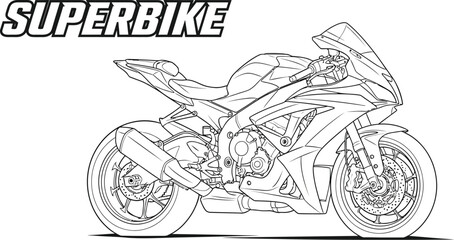 Detailed line art of a superbike motorcycle design on a clean white background