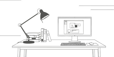 Desk with computer and lamp illuminating books in a minimalist workspace scene