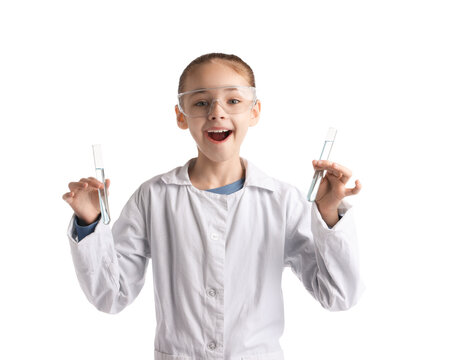 Studying science. Surprised girl with test tubes on white background