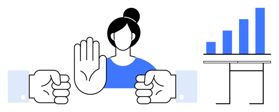 Woman raises her hand to de-escalate conflict between two fists, with bar chart symbolizing performance, success, or progress. Ideal for teamwork, leadership, conflict resolution, equality, business
