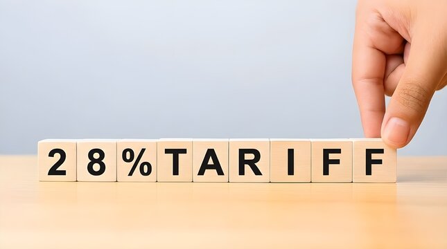 28 Percent Tariff Concept with Wooden Blocks and Hand &ndash; Import Tax, Customs Duty, Trade Policy, Price Increase and Protectionism on Neutral Background