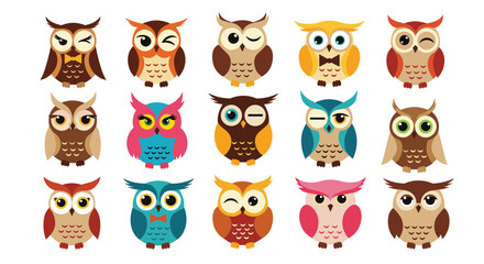 Obraz premium A collection of cute and colorful cartoon owls showcasing various expressions and designs on a white background.