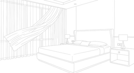 Line art of a modern bedroom with curtains blowing in the wind by the window