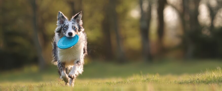 The Dog Running with a Blue Frisbee Across a Sunny Grassy Field at Dusk - Powered by Adobe