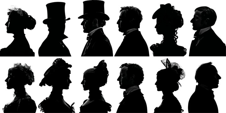 Collection of diverse historical silhouette portraits featuring men and women in elegant attire and hats