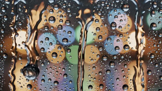 Raindrops cascade down glass reflecting vibrant city lights, creating a soothing, calming atmosphere