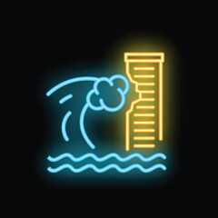 Yellow and blue neon style icon of a tsunami wave crashing into a building