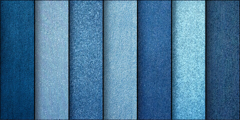 Collection of various shades and textures of blue denim fabric swatches arranged vertically