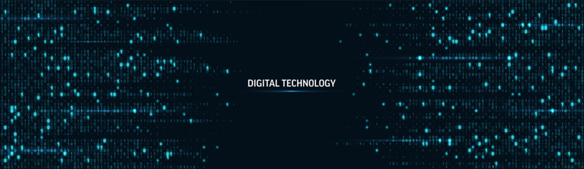 Obraz premium Binary code matrix on blue cyber background with abstract data streams and glowing lines. Technology concept with computer numbers in digital network pattern for futuristic programming visualization.