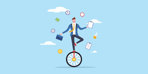 Businessman skillfully balancing on a unicycle with business elements floating around © Mityunjoy