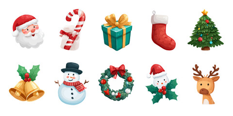 Collection of watercolor christmas holiday icons including santa claus snowman reindeer and decorated tree