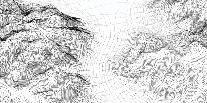 Abstract topographic map lines creating a textured mountainous landscape in black and white