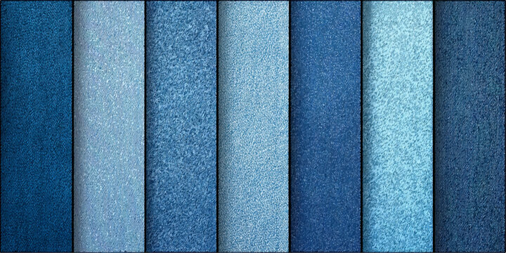 Collection of various shades and textures of blue denim fabric swatches arranged vertically