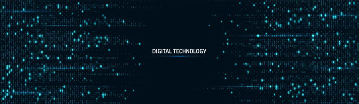 Binary code matrix on blue cyber background with abstract data streams and glowing lines. Technology concept with computer numbers in digital network pattern for futuristic programming visualization.