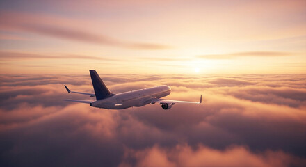 Experience breathtaking aerial views as a plane soars above the clouds at sunset, perfect for travel, adventure and inspirational themes