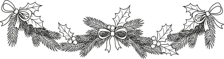 Festive christmas garland with bows and holly berries on a white background