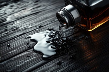 Liquid spills from a glass bottle onto a dark wooden surface creating a striking visual contrast. The concept of alcoholism and bad habits