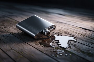 Metal flask spills liquid on a wooden surface with dramatic lighting. The concept of alcoholism and bad habits