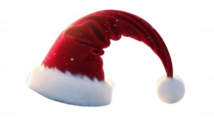 Red velvet santa hat with white trim isolated on transparent background