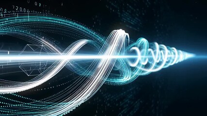 Glowing blue data stream forming a digital DNA helix with binary code particles in a cinematic 3D animation, visualizing high-speed information transfer. - Powered by Adobe