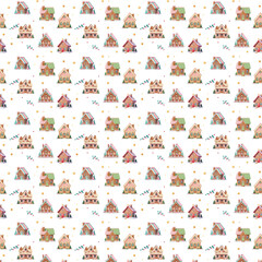 A seamless festive pattern featuring repeating gingerbread houses, candy decorations, stars, and holly leaves arranged
