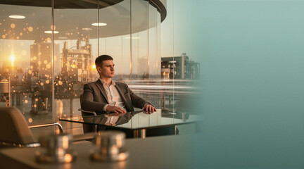 A young man in a suit sits at a glass table in a modern office with a panoramic city view, gazing thoughtfully out the window during golden hour.