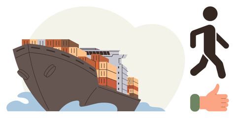 Obraz premium Cargo ship loaded with containers on water, walking stick figure, and thumbs-up gesture. Ideal for trade, global business, logistics, teamwork, success approval and movement. Simple flat metaphor