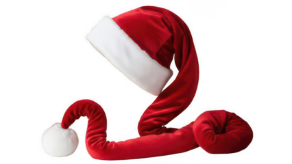 Long curly red velvet santa hat isolated on transparent background