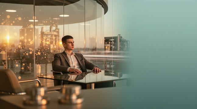 A young man in a suit sits at a glass table in a modern office with a panoramic city view, gazing thoughtfully out the window during golden hour.