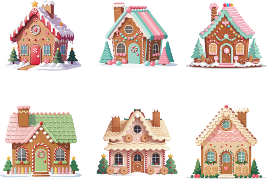 A festive collection of six colorful gingerbread houses decorated with icing, candies, gumdrops, Christmas trees, and snowy details in a cheerful holiday style.