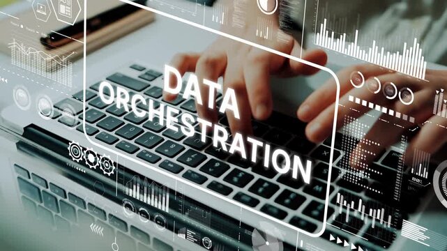 Hands Typing on Keyboard with Data Orchestration Text Overlay and Graphical User Interface Elements. Asymptotic smart data analytic.