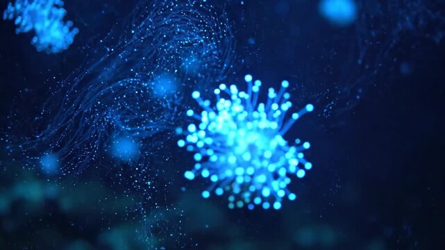 Stunning blue bioluminescence illuminating dark depths, creating magical underwater atmosphere