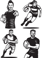 Four black and white vector illustrations of male and female rugby players in various action poses, holding the ball.