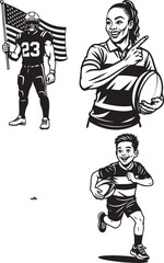 Black and white illustration of athletes, including a football player and rugby players.