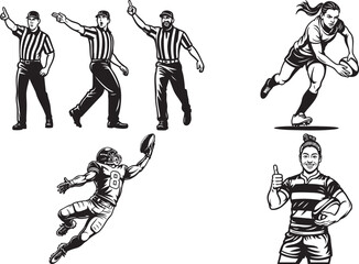 Collection of black and white illustrations depicting rugby and American football players and referees in various dynamic poses and actions.