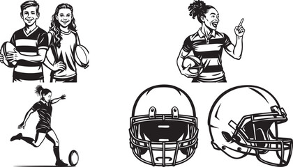 Rugby and American football themed vector graphics in black and white.