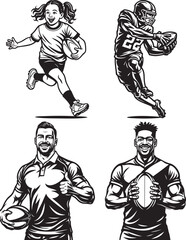 Black and white vector illustration of people playing rugby.