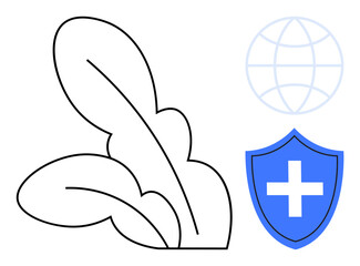 Large leaf outlines, faint globe motif, and shield with cross combining sustainability and health. Ideal for healthcare, ecology, protection, sustainability, wellness safety and nature. Simple flat